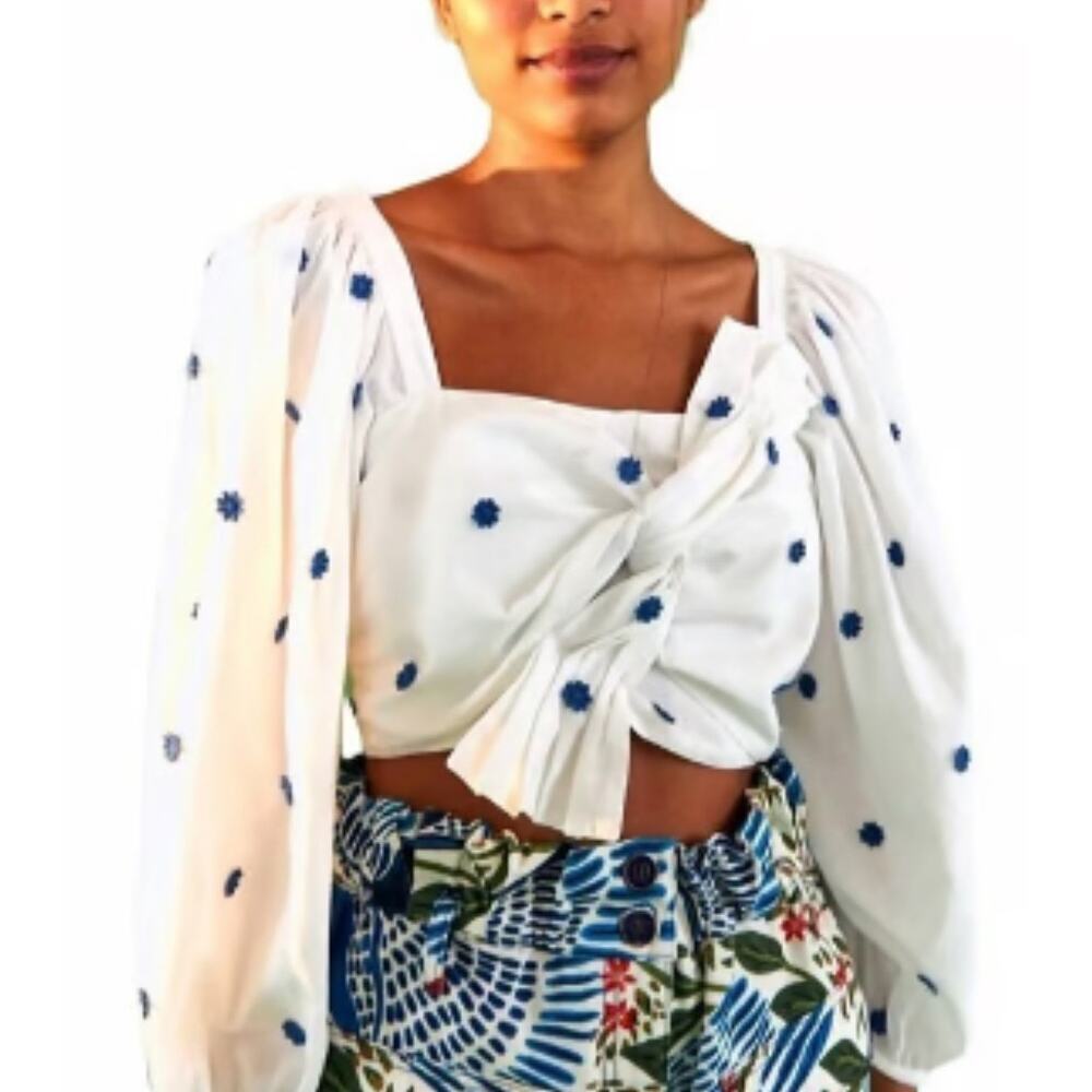 Farm Rio White blue Floral Embroidered Crop Top Blouse Size Large